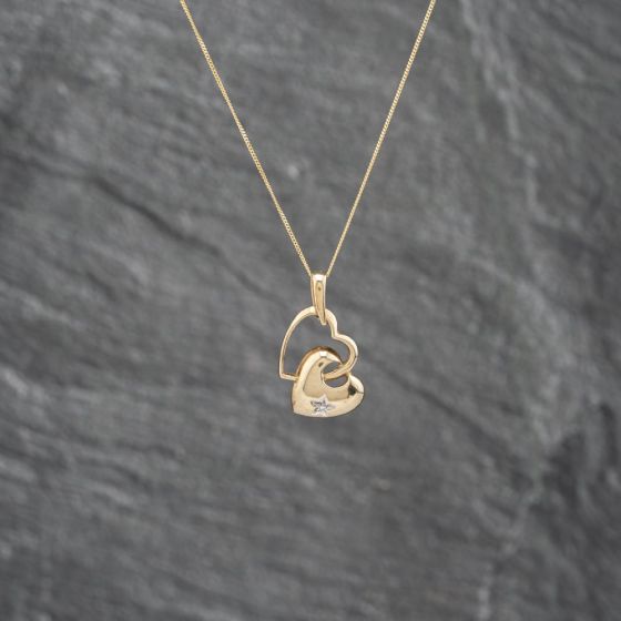 Second Hand 9ct Yellow Gold Diamond Double Heart Pendant & 18 Inch Curb Chain 41142710