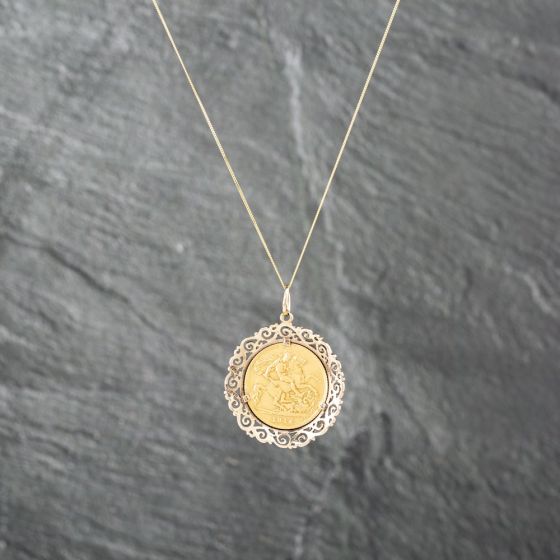 Second Hand 9ct Yellow Gold 1914 George V Half Sovereign Coin Keeper Pendant & 18 Inch Curb Chain 41142716