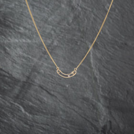 Second Hand 14ct Yellow Gold Diamond Crescent Shaped Safety Pin Pendant & 17 Inch Curb Chain 41142718