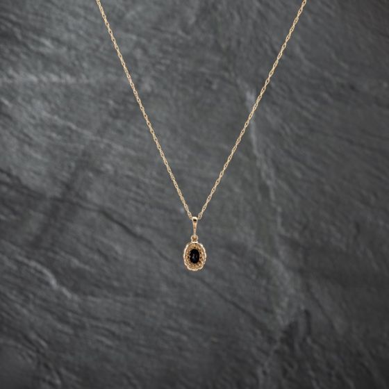 Second Hand 9ct Yellow Gold Sapphire & Diamond Oval Cluster Pendant & 18 Inch Prince Of Wales Chain 41142723