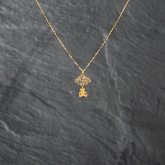 Second Hand 9ct Yellow Gold Teddy With Cloud Pendant & 16 Inch Trace Chain 41142724