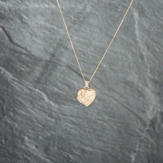 Second Hand 9ct Yellow Gold Grandma Rose Heart Locket Pendant & 18 Inch Curb Chain 41142746