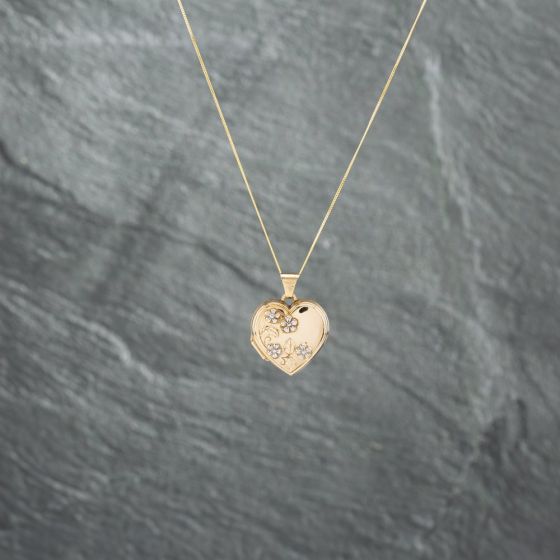 Second Hand 9ct Two Colour Gold Heart Flower Pattern Locket Pendant & 18 Inch Curb Chain 41142748