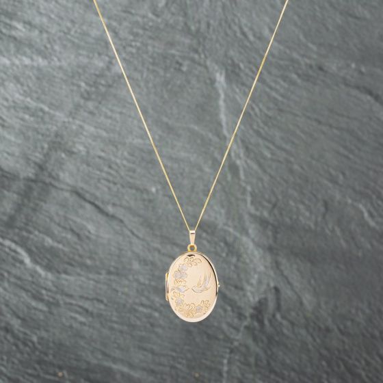 Second Hand 9ct Two Colour Gold Oval Birds And Flowers Locket Pendant & 18 Inch Curb Chain 41142755
