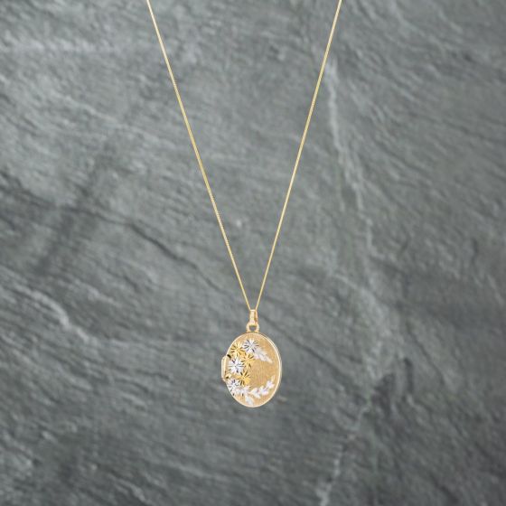 Second Hand 9ct Two Colour Gold Diamond Cut Patterned Oval Locket Pendant & 18 Inch Curb Chain 41142756