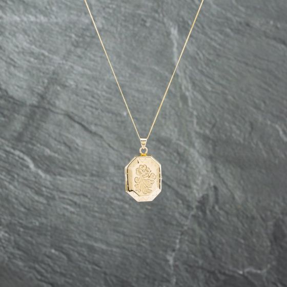 Second Hand 9ct Yellow Gold Octagonal Hand Engraved Flower Locket Pendant & 18 Inch Curb Chain 41142757