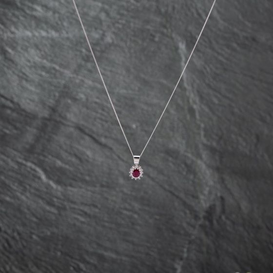 Second Hand 9ct White Gold Ruby & Diamond Oval Cluster Pendant & 18 Inch Curb Chain 41142765