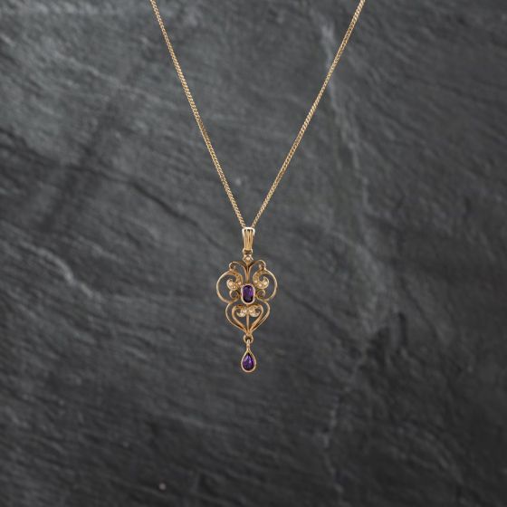 Second Hand 9ct Yellow Gold Amethyst & Seed Pearl Scrolling Openwork Design Pendant & 18 Inch Curb Chain 41142769