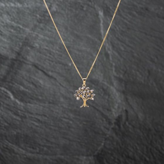 Second Hand 9ct Two Colour Gold Diamond Cut Tree Pendant & 18 Inch Curb Chain 41142770