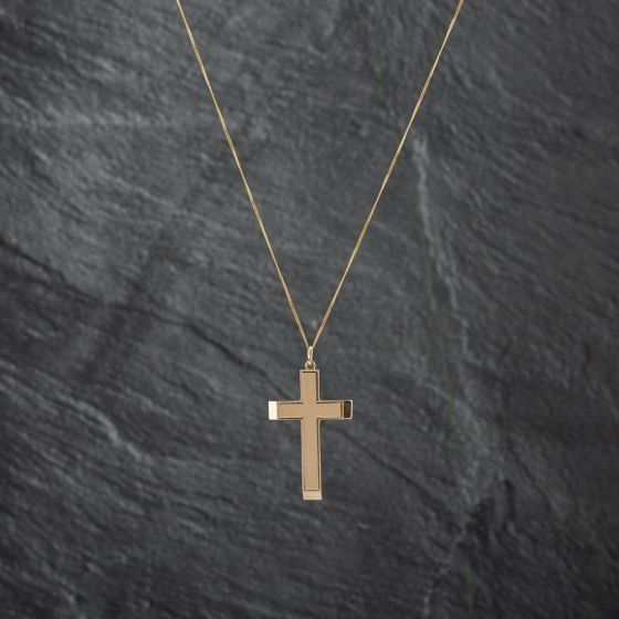 Second Hand 9ct Yellow Gold Plain Lined Edge Cross Pendant & 18 Inch Curb Chain 41142772