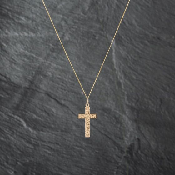 Second Hand 9ct Yellow Gold Hand Engraved Cross Pendant & 18 Inch Curb Chain 41142773