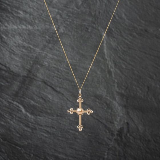 Second Hand 9ct Two Colour Gold Bubble Edged Cross Pendant & 18 Inch Curb Chain 41142780