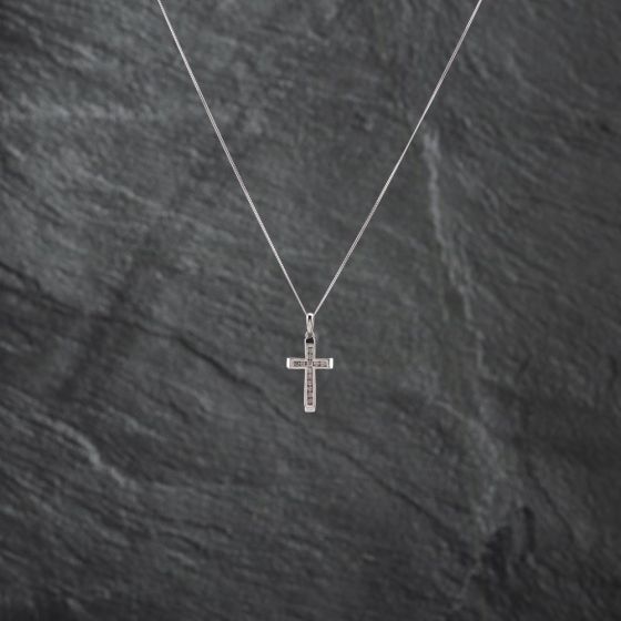 Second Hand White Gold Diamond Channel Set Cross Pendant & 18 Inch Curb Chain 41142781