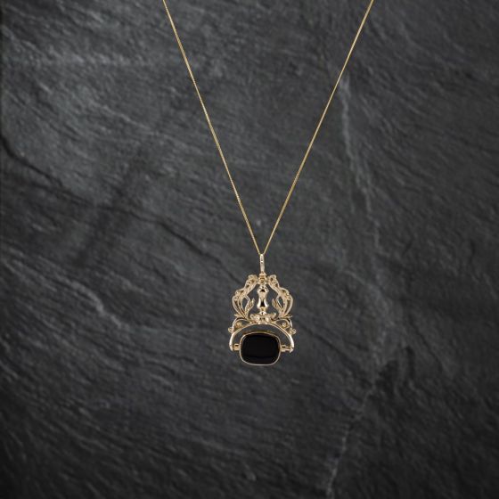 Second Hand 9ct Two Colour Gold Clogau Onyx And Dragon Marked Swivel Fob Pendant & 18 Inch Curb Chain 41142798