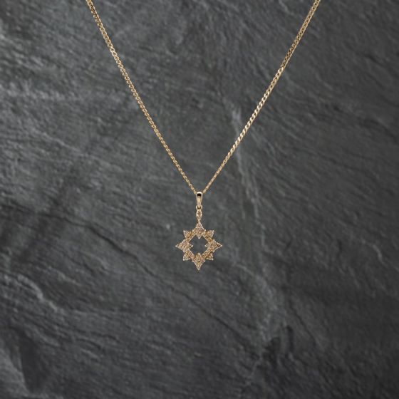 Second Hand 9ct Yellow Gold Cognac Diamond Snowflake Pendant & 18 Inch Curb Chain 41142802