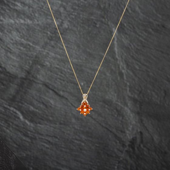 Second Hand Yellow Gold Orange Garnet Cluster Gemstone Pendant & 18 Inch Curb Chain 41142804