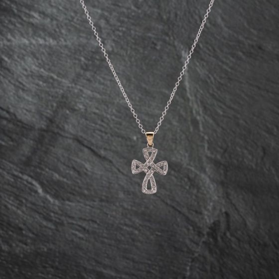 Second Hand 9ct Two Colour Gold 0.20ct Diamond Cross Pendant & 18 Inch Trace Chain 41142811
