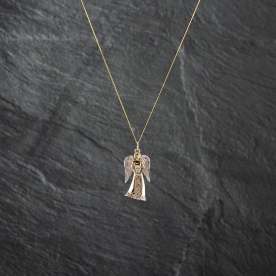 Second Hand 9ct Two Colour Gold Diamond Angel Pendant & 18 Inch Curb Chain 41142815