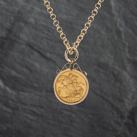 Second Hand Yellow Gold 1897 Queen Victoria Full Sovereign Pendant & 32 Inch Belcher Chain 41142816