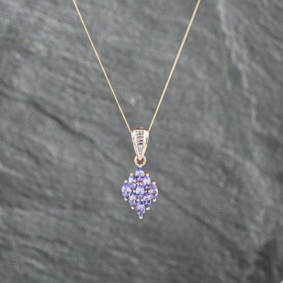 Second Hand 9ct Yellow Gold Tanzanite & Diamond Marquise Shaped Cluster Pendant & 18 Inch Curb Chain 41142823