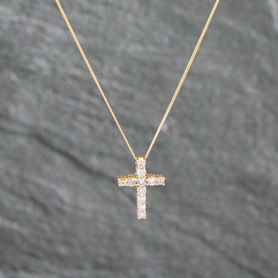 Second Hand 9ct Yellow Gold 0.30ct Brilliant Cut Diamond Cross Pendant & 18 Inch Curb Chain 41142827