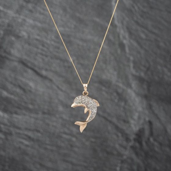 Second Hand 9ct Yellow Gold 0.25ct Diamond Dolphin Pendant & 18 Inch Curb Chain 41142829