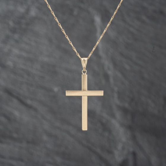 Second Hand 9ct Yellow Gold Plain Cross Pendant & 16 Inch Hayseed Chain 41142835