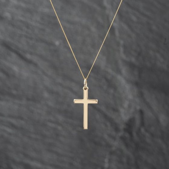 Second Hand 9ct Yellow Gold Small Plain Cross Pendant & 18 Inch Curb Chain 41142836