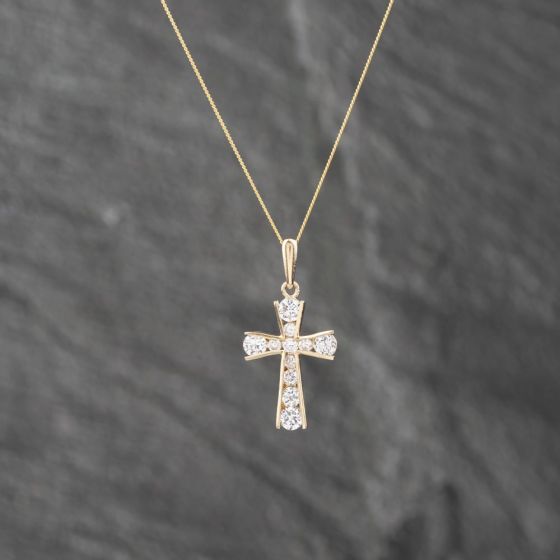 Second Hand Yellow Gold Cubic Zirconia Channel Set Cross Pendant & 18 Inch Curb Chain 41142837