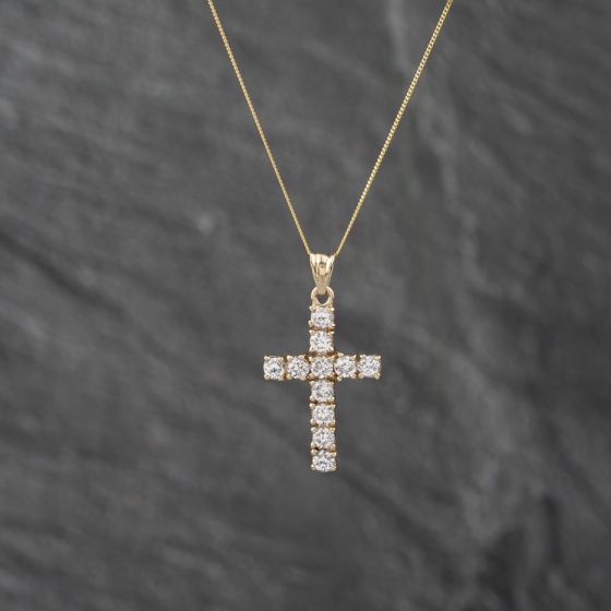 Second Hand 9ct Yellow Gold Cubic Zirconia Cross Pendant & 18 Inch Curb Chain 41142838
