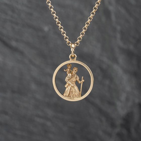 Second Hand 9ct Yellow Gold 3D Open Work St Christopher Pendant & 20 Inch Belcher Chain 41142846