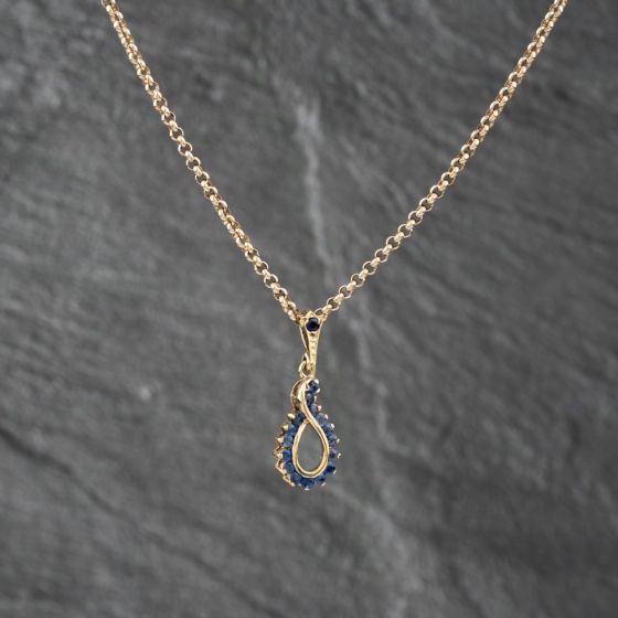 Second Hand 9ct Yellow Gold Sapphire Openwork Oval Dropper Pendant & 16 Inch Belcher Chain 41142862