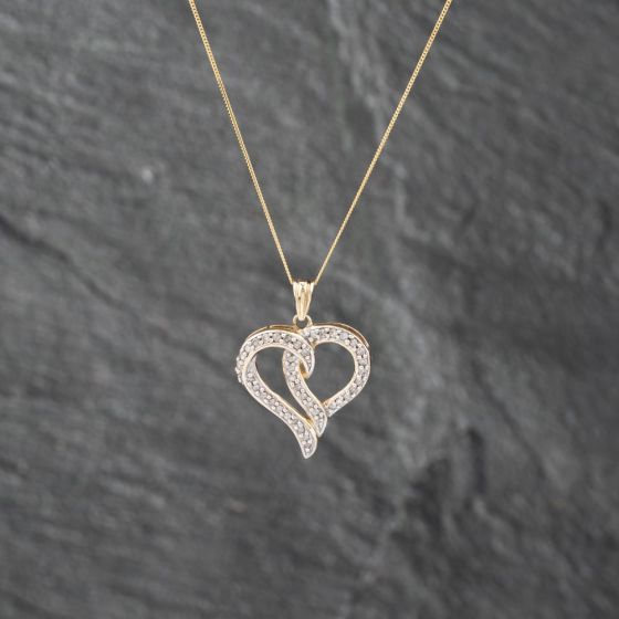 Second Hand 9ct Yellow Gold 0.25ct Diamond Heart Pendant & 18 Inch Curb Chain 41142869