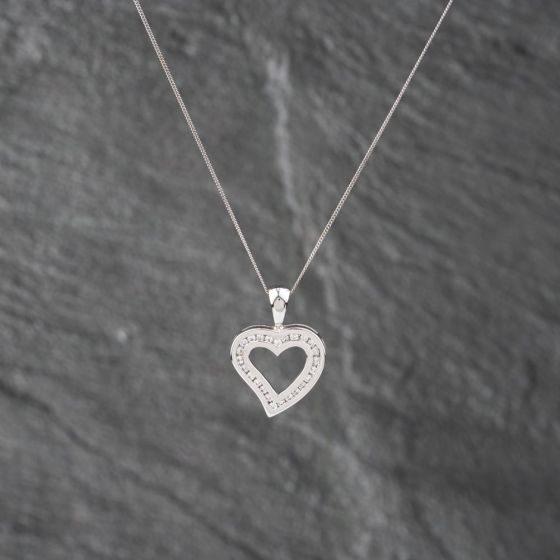 Second Hand 9ct White Gold 0.25ct Brilliant Cut Diamond Open Heart Pendant & 18 Inch Curb Chain 41142871