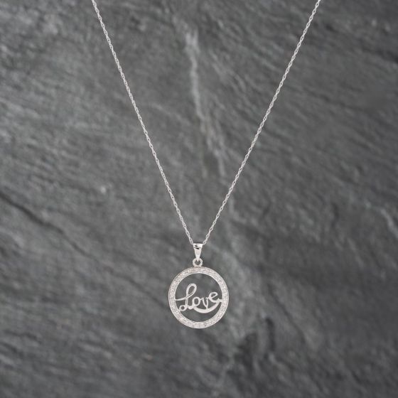Second Hand 9ct White Gold 0.14ct Diamond Round Love Pendant & 18 Inch Prince Of Wales Chain 41142872