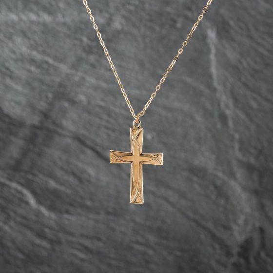 Second Hand 9ct Yellow Gold Art Nouveau Style Cross Pendant & 16 Inch Trace Chain 41142874