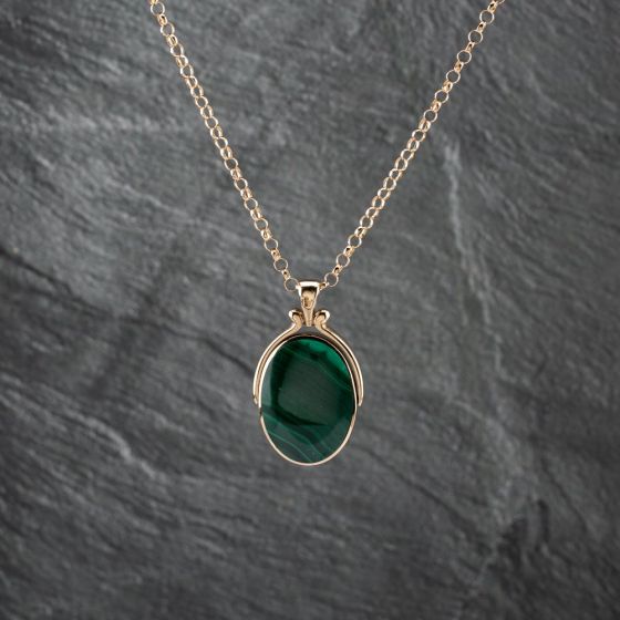 Second Hand 9ct Yellow Gold Malachite & Mother Of Pearl Rotating Fob Pendant & 20 Inch Belcher Chain 41142876