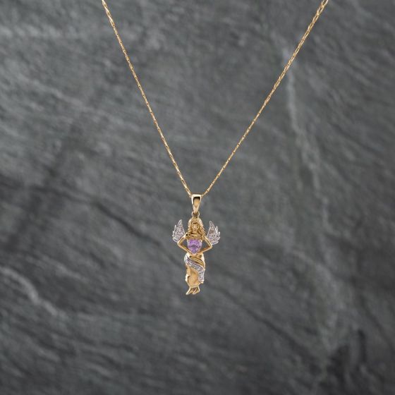 Second Hand 9ct Yellow Gold Amethyst & Diamond Angel Pendant & 18 Inch Curb Chain 41142878