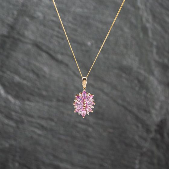 Second Hand 9ct Yellow Gold White & Pink Sapphire Cluster Pendant & 18 Inch Curb Chain 41142880
