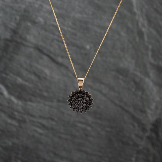 Second Hand 9ct Yellow Gold Black Diamond Circular Four Tier Cluster Pendant & 18 Inch Curb Chain 41142883