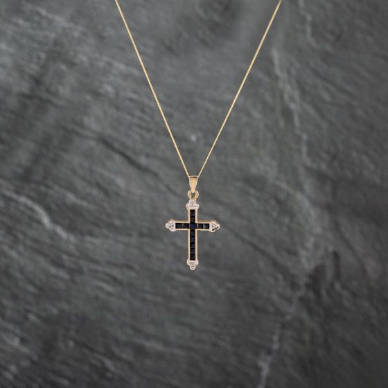 Second Hand 9ct Yellow Gold Sapphire & Diamond Cross Pendant & 18 Inch Curb Chain 41142884