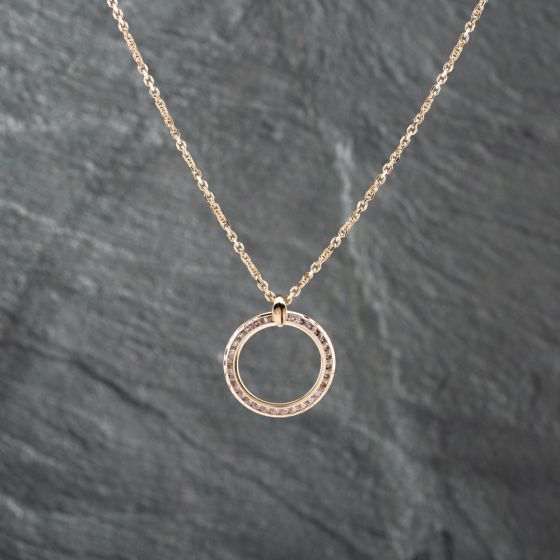 Second Hand 9ct Yellow Gold Cubic Zirconia Circle Pendant & 20 Inch Trace Chain 41142886