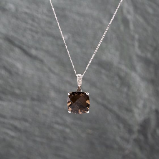 Second Hand 9ct White Gold Smoky Quartz & Diamond Cushion Shaped Pendant & 18 Inch Curb Chain 41142891