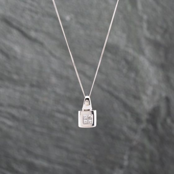 Second Hand 18ct White Gold 0.25ct Princess Cut Diamond Square Four Stone Pendant & 18 Inch Curb Chain 41142893