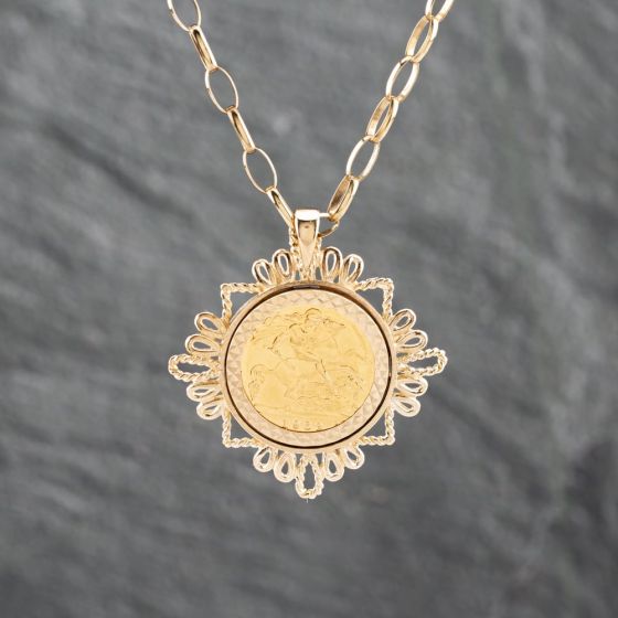 Second Hand Yellow Gold Ornate Rope Decoration Half Sovereign Coin Keeper Pendant & 25 Inch Belcher Chain 41142896