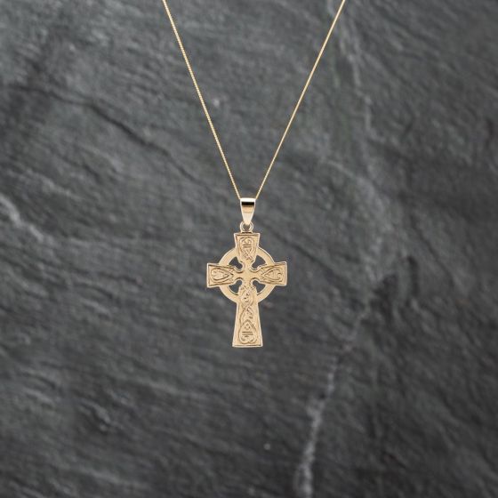 Second Hand 9ct Yellow Gold Celtic Cross Pendant & 18 Inch Curb Chain 41142900