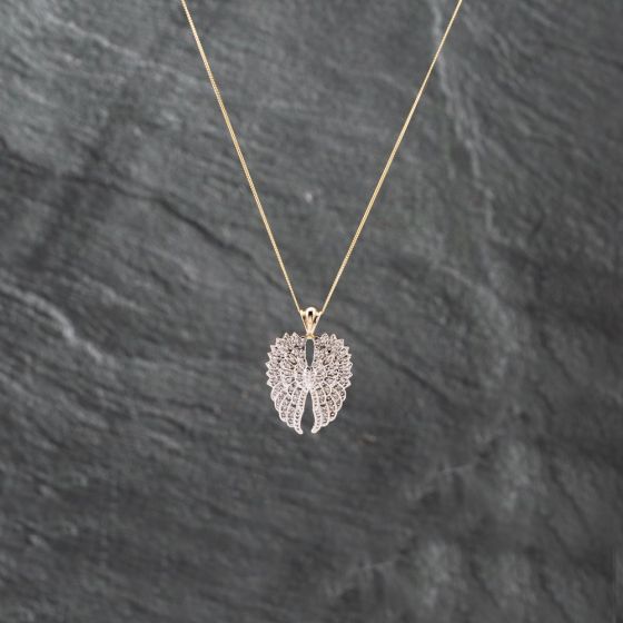 Second Hand 9ct Two Colour Gold Diamond Angel Wings Pendant & 18 Inch Curb Chain 41142908