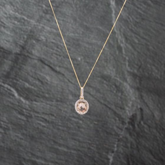 Second Hand 9ct Yellow Gold Morganite & Cubic Zirconia Oval Cluster Pendant & 18 Inch Curb Chain 41142918