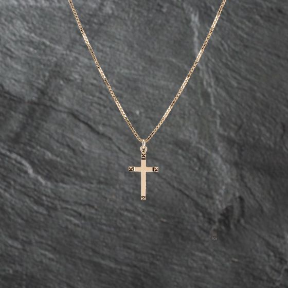 Second Hand 9ct Yellow Gold Diamond Cut Cross Pendant & 18 Inch Box Chain 41142920