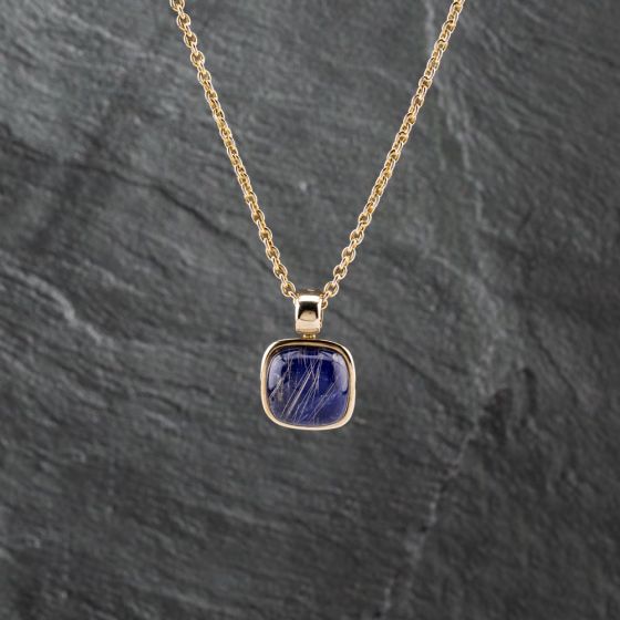 Second Hand 9ct Yellow Gold Lapis Based Rutilated Quartz Cushion Shaped Cabochon Pendant & 19 Inch Belcher Chain 41142926